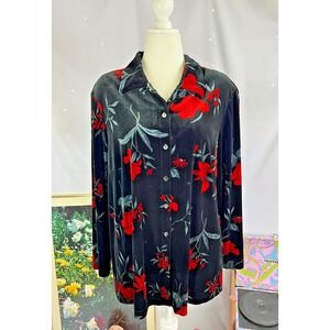 Vintage Women Crushed Velvet Floral Button Up Shirt 2X Dark Romantic Whimsigoth